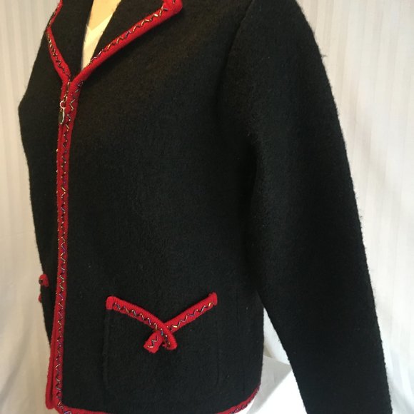 Lisa International Women Boil Wool Sweater Jacket Zip Cardigan Sz Med Black Red - Picture 4 of 11